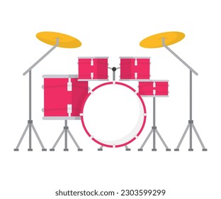 Drum kit vector illustration. Cartoon isolated vintage red drums and gold cymbals on stand to play music rhythm with drummers sticks, rock or jazz musical percussion instrument for concert stage