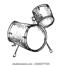 Drum kit vector illustration isolated. Musical instrument ink hand drawn. Percussion instrument of jazz, rock black white silhouette. Design element for wrapping, postcard, brochure, poster, textbook