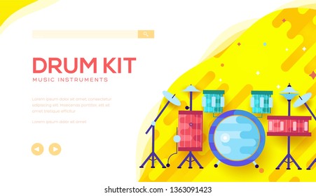 Drum kit vector landing page template with text space. Music instruments Internet shop cartoon website homepage. Professional equipment for drummers online store web banner. Rock festival poster