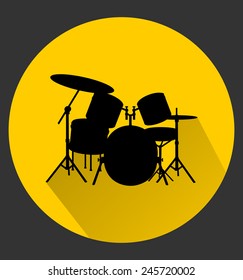 Drum kit, web icon in circle frame. Musical concept - Set of drums, black silhouette, flat theme, long shadow style design. vector art image illustration, isolated on yellow background, eps10