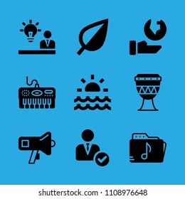 drum, manager, ecology, idea, leaf, piano, sunrise, megaphone and music folder vector icon. Simple icons set