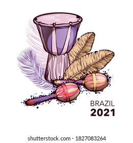 Drum, maracas, leaves. Isolated element for creating a poster, postcard, banner on a white background.
