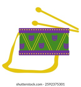 Drum with Mardi Gras symbols, musical instrument with theatrical masks for flyer, postcard, invitation or poster designvector illustration