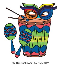 drum with mask carnival and maracas vector illustration design