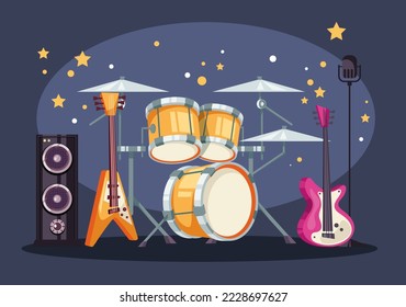 Instrumentos musicales de guitarra de micrófono de tambor en el concepto de escenario. Elemento de ilustración de diseño gráfico de vector
