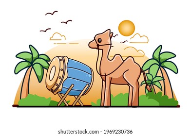 Trommelmoschee mit Kamel auf der Kareem-Symbol-Karikaturengrafik von Ramadan