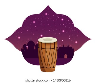 drum mridangam with asiatic shape frame and monuments silhouette behind icon cartoon isolated vector illustration graphic design