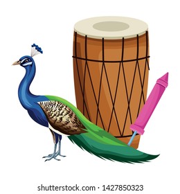 drum mridangam with firecracker and peacock icon cartoon isolated vector illustration graphic design