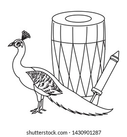 drum mridangam with firecracker and peacock icon cartoon isolated in black and white vector illustration graphic design