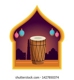 drum mridangam with hanging lantern and silhouette into a asiatic shape frame icon cartoon isolated vector illustration graphic design