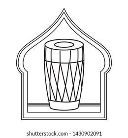 drum mridangam with hanging lantern and silhouette into a asiatic shape frame icon cartoon isolated in black and white vector illustration graphic design