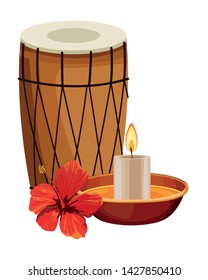 drum mridangam with lit candle in a bowl and a lotus flower icon cartoon isolated vector illustration graphic design