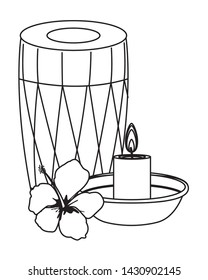 drum mridangam with lit candle in a bowl and a lotus flower icon cartoon isolated in black and white vector illustration graphic design