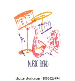Drum Music band poster with instruments. Grunge vector jazz flyer