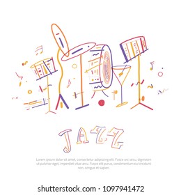 Drum Music band poster with instruments. Lineart vector jazz flyer