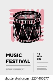 Tambor. Afiche del festival de música. Instrumentos musicales de percusión. Competencia.  Un conjunto de ilustraciones vectoriales. Diseño minimalista. Cartel, volante, portada, impresión.