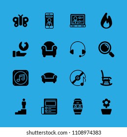 drum, music file, rocking chair, armchair, flower, promotion, news paper, compact disc and ecology vector icon. Simple icons set
