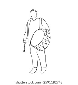 Drum music instrument. One line continuous Muslim drum for Ramadan. Line art, outline, single line silhouette. Hand drawn vector illustration. Hand made vector not AI.