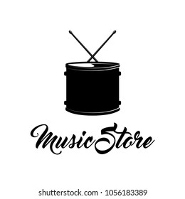 Drum. Music store shop logo. Musical instrument. Music badge. Vector illustration