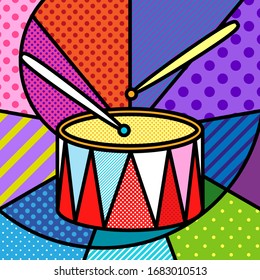 DRUM music supplies Modern colourful pop art graphic element for your design. Vector kids festival artistic illustration in pop-art comic style.