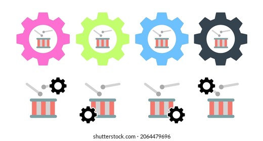 La música de tambor usa el icono del vector indicador en la ilustración del conjunto de engranajes para ui y ux, sitio web o aplicación móvil