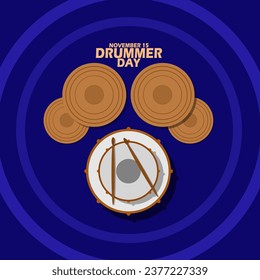 Drum musical instrument consisting of kick bass, snare, cymbals and drum sticks, with bold text on dark blue background to celebrate National Drummer Day on November 15