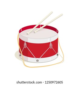 Drum, a musical instrument from the drum family, with drum sticks. Flat design.