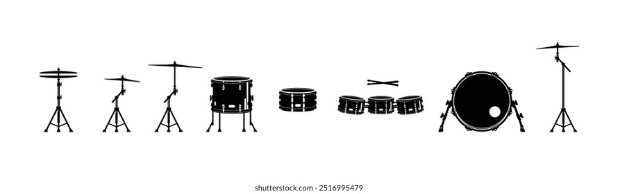 drum musical instrument logo illustration, drum set silhouette from kick to cmybals, suitable for music stores and communities