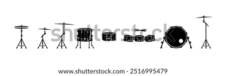 drum musical instrument logo illustration, drum set silhouette from kick to cmybals, suitable for music stores and communities