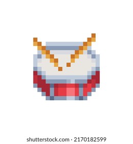 Drum musical instrument pixel art web icon. Design for logo game, sticker, web, mobile app, badges and patches. Isolated vector illustration.