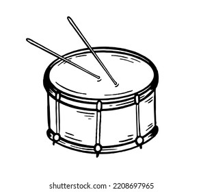 Drum musical instrument style  hand drawn. Vector black and white doodle 