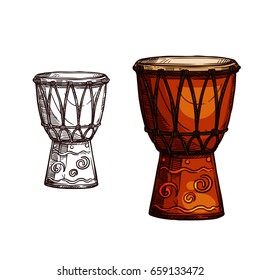 Drum musical instrument vector sketch icon. Isolated symbol of music percussion type instrument of ethnic or folk conga or jembe and timpani leather hand drum for music concert or festival design