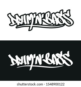 DRUM N BASE. Music style. Hand drawn vector lettering. Music lettering sign. Banner, postcard, poster, stickers, tag. Vector illustration.