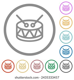 Drum outline flat color icons in round outlines on white background