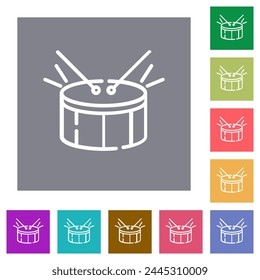 Drum outline flat icons on simple color square backgrounds