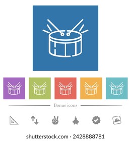 Drum outline flat white icons in square backgrounds. 6 bonus icons included.