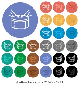 Drum outline multi colored flat icons on round backgrounds. Included white, light and dark icon variations for hover and active status effects, and bonus shades.