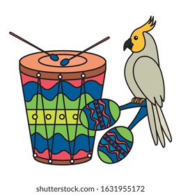 drum with parrot and maracas isolated icon vector illustration design