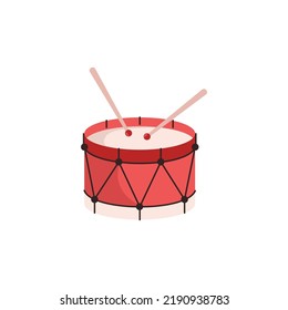 Instrumento musical de percusión de tambor, ilustración vectorial plana aislada sobre fondo blanco. Elemento de kit de tambor con palos de madera. Conceptos de carnaval, festival o orquesta.