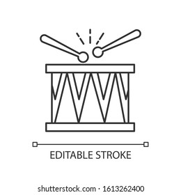 Drum pixel perfect linear icon. Musical instrument. Brazilian carnival. Samba. Festive drum parade. Thin customizable illustration. Contour symbol. Vector isolated outline drawing. Editable stroke