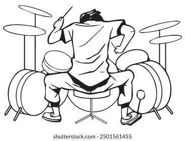 Un percusionista desde la vista trasera. Ilustración en blanco y negro y formato de Vector. Esta ilustración no es contenido generado por IA.