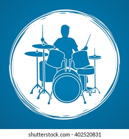 Drum player designed on grunge circle background graphic vector.