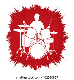 Drum player designed on grunge frame background graphic vector.