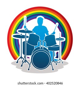 Drum player designed on line rainbows background graphic vector.