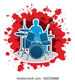 Drum player designed on splash brush background graphic vector.