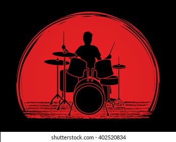 Drum player designed on sunset light background graphic vector.