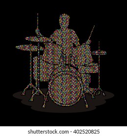 Drum player designed using colorful mosaic pattern graphic vector.