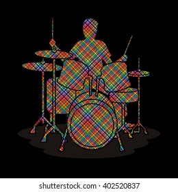 Drum player designed using colorful pixels graphic vector.