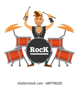 Drum player with iroquois performs rock song illustration