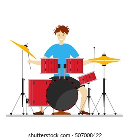 Drum Player Man for Concerts, Parties, Clubs. Flat Design Style. Vector illustration or rock music drummer isolated with  stick, pedal, plate. Young man play 